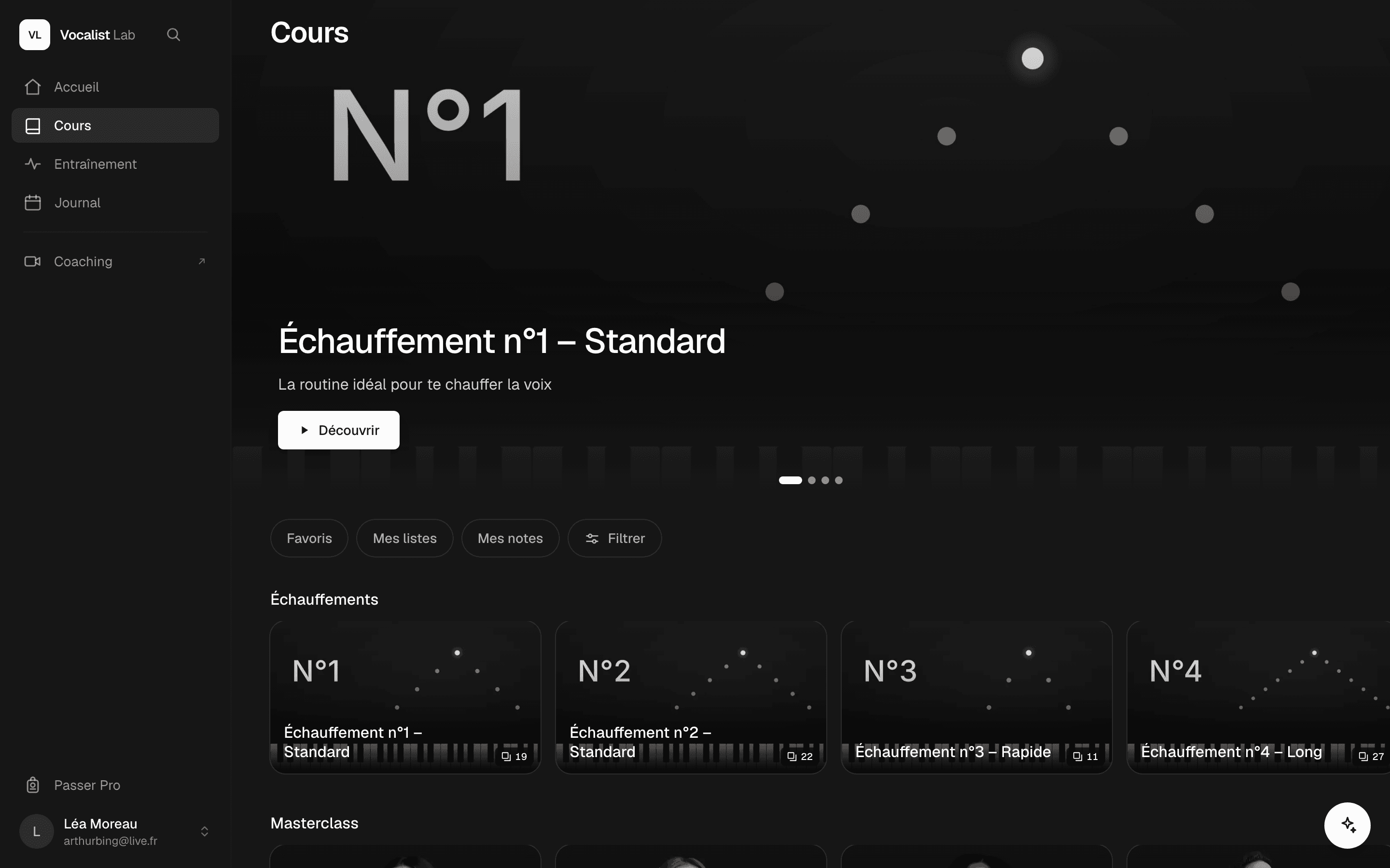 Le catalogue : échauffements n°1 à 4 et masterclass, en vignettes