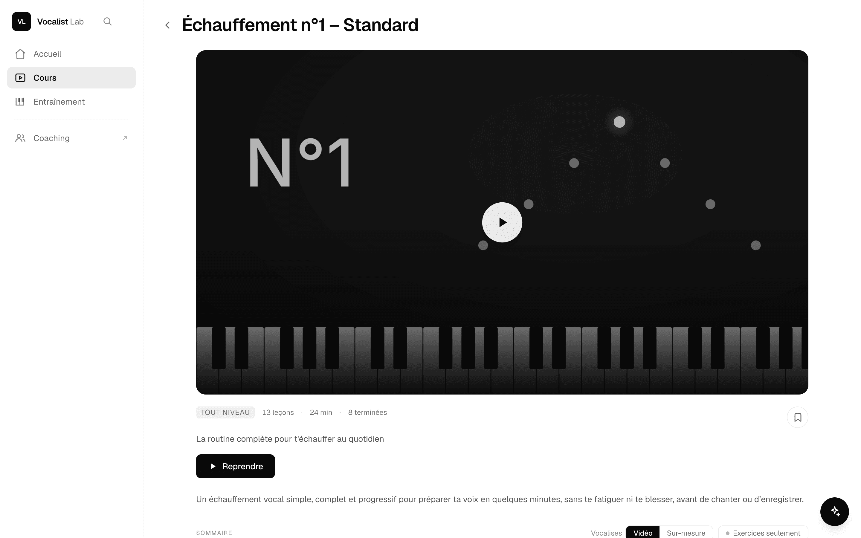 Un programme Vocalist Lab : leçons vidéo et exercices dans le même parcours, avec la progression