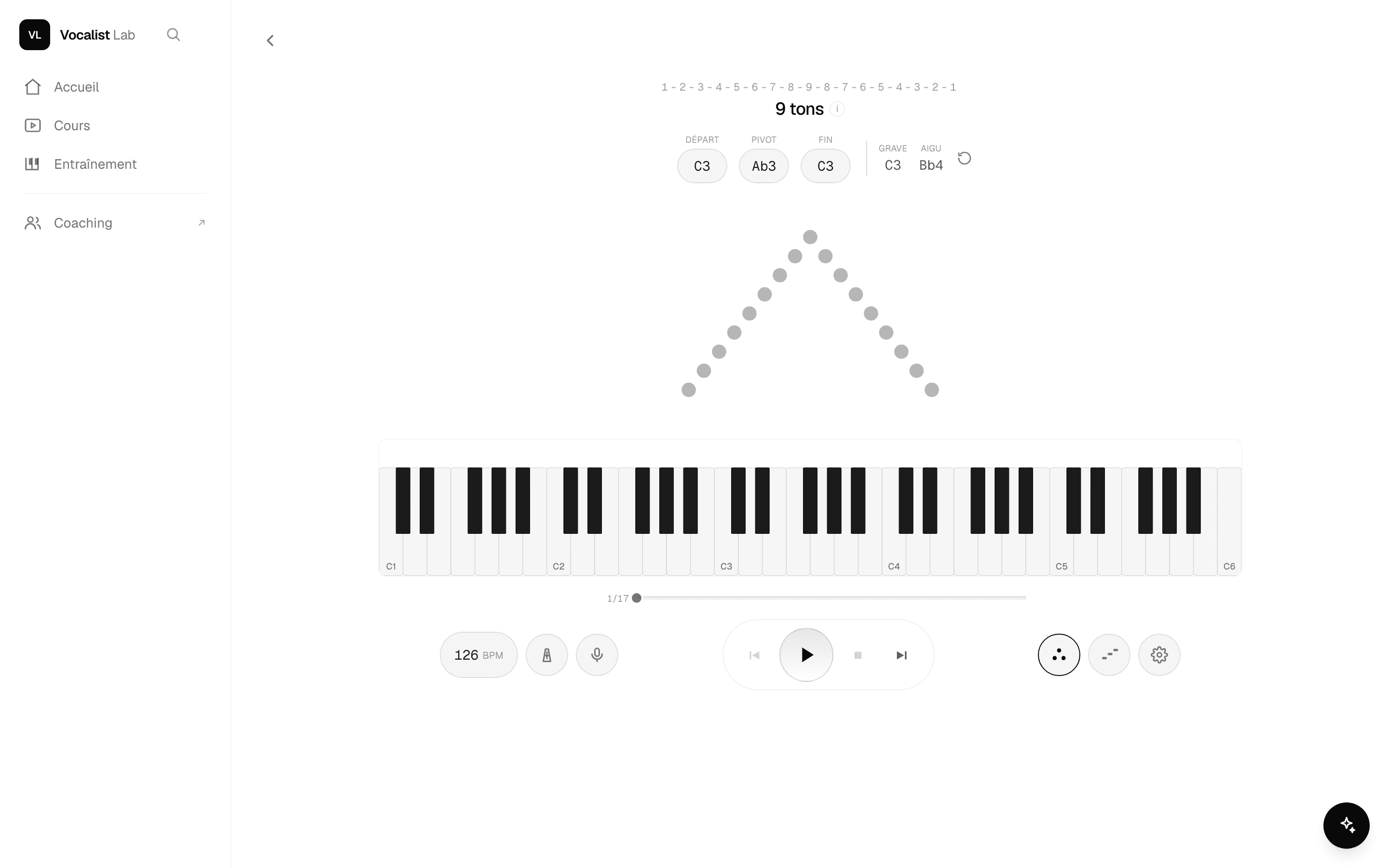 Le player de vocalises : le motif en cercles au-dessus d'un piano, avec départ, pivot et tempo réglables